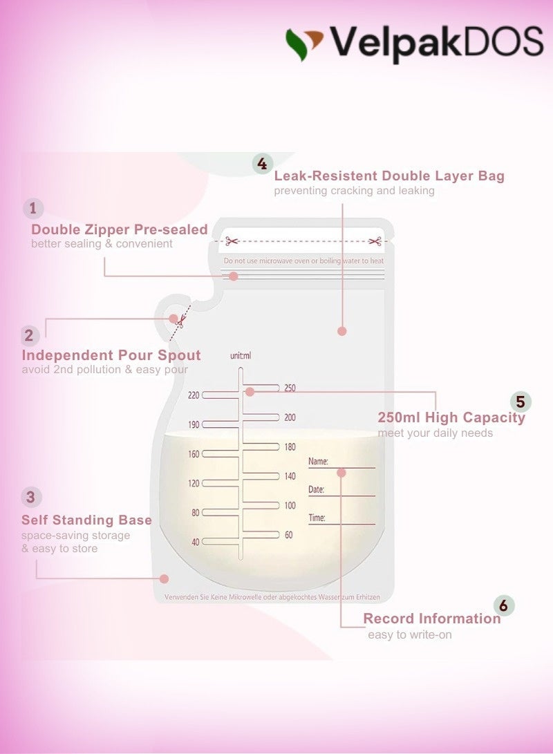 فيلباكدوس أكياس تخزين حليب الأم، 60 كيسًا، سعة 250 مل، أكياس تجميد حليب الأم، مانعة للتسرب، مزودة بسحاب مزدوج، خالية من مادة BPA، معقمة مسبقًا، أكياس تخزين حليب الأم للاستخدام مرة واحدة، أكياس قائمة لشفط حليب الأم، مستلزمات تغذية الأطفال حديثي الولادة - Image 2